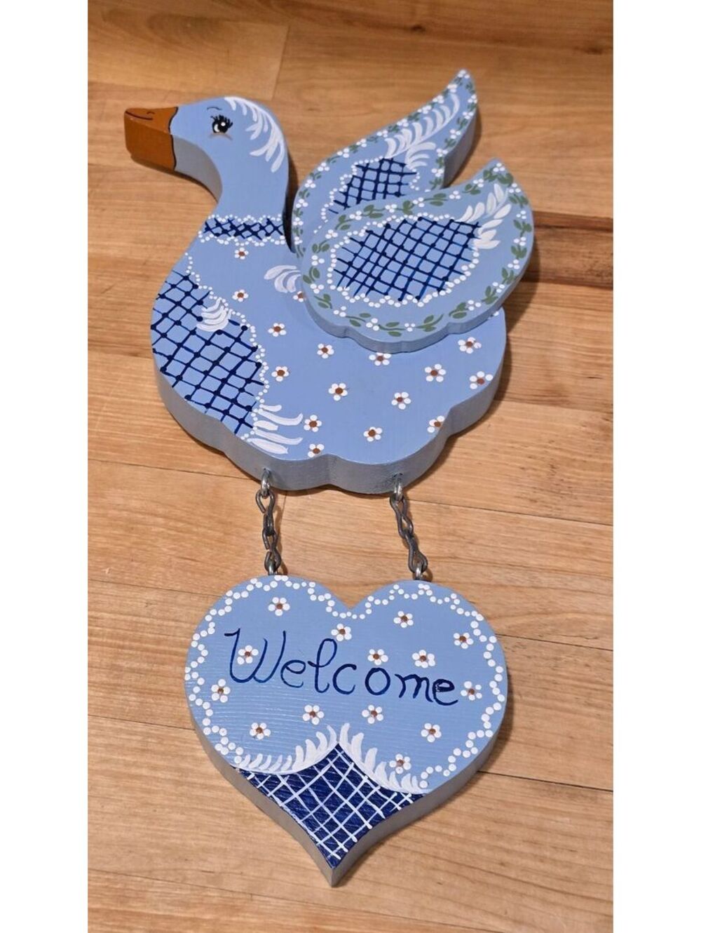 Vintage 1980s Hand-Painted Blue Wooden Goose Welcome Sign with Heart Ornament
